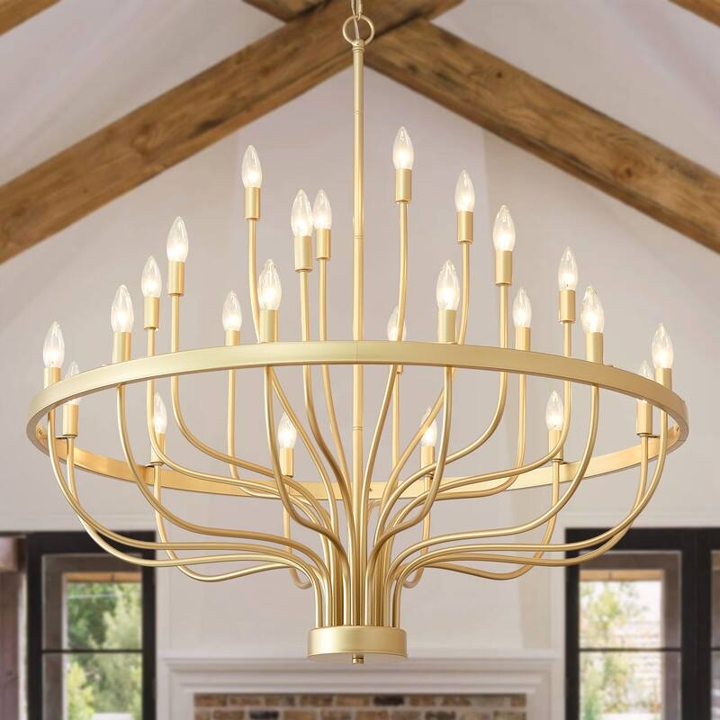 French Country Candle Chandelier Black/Gold Large Wagon Wheel Pendant Lighting