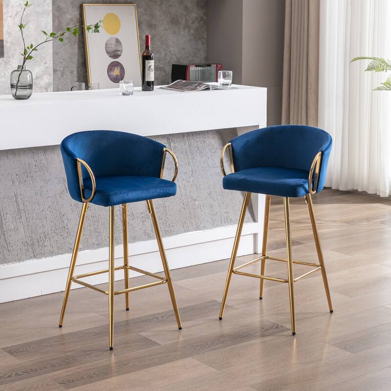 30 Inch Set of 2 Bar Stools,with Chrome Footrest and Base Velvet + Golden Leg Simple Bar Stool,GREEN - Blue