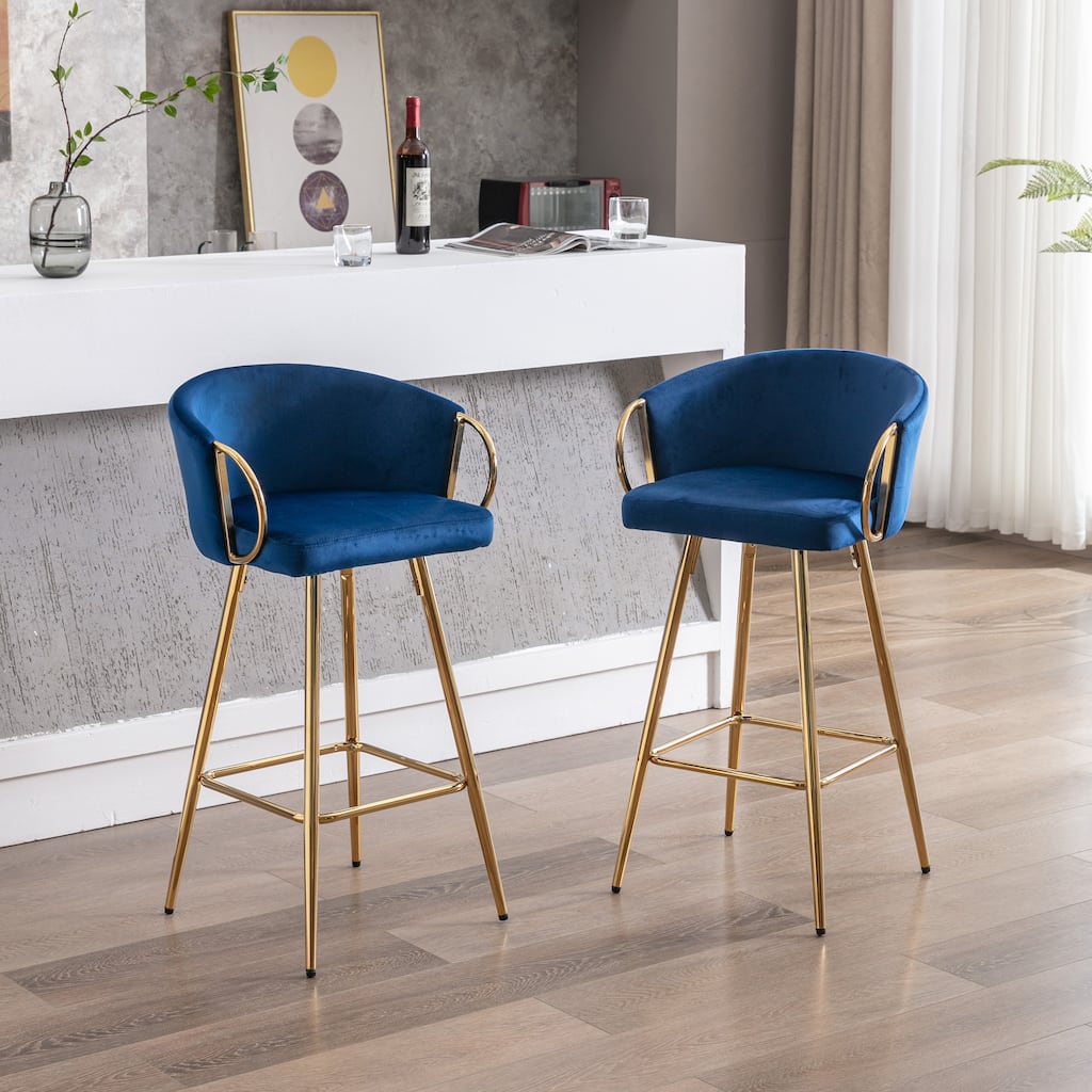 Set of 2 30" Bar Stools, Blue Velvet with Chrome Footrest & Gold Legs