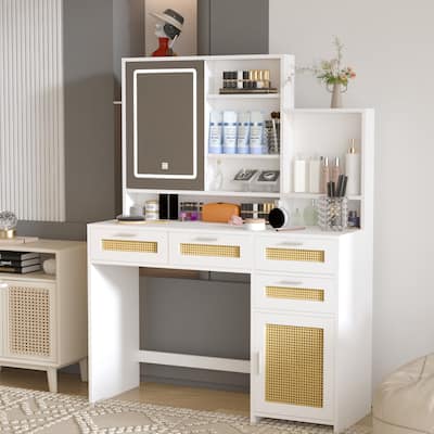 Rattan Dressing Table with Lighted Mirror, 4 Drawers, 1 Cabinet