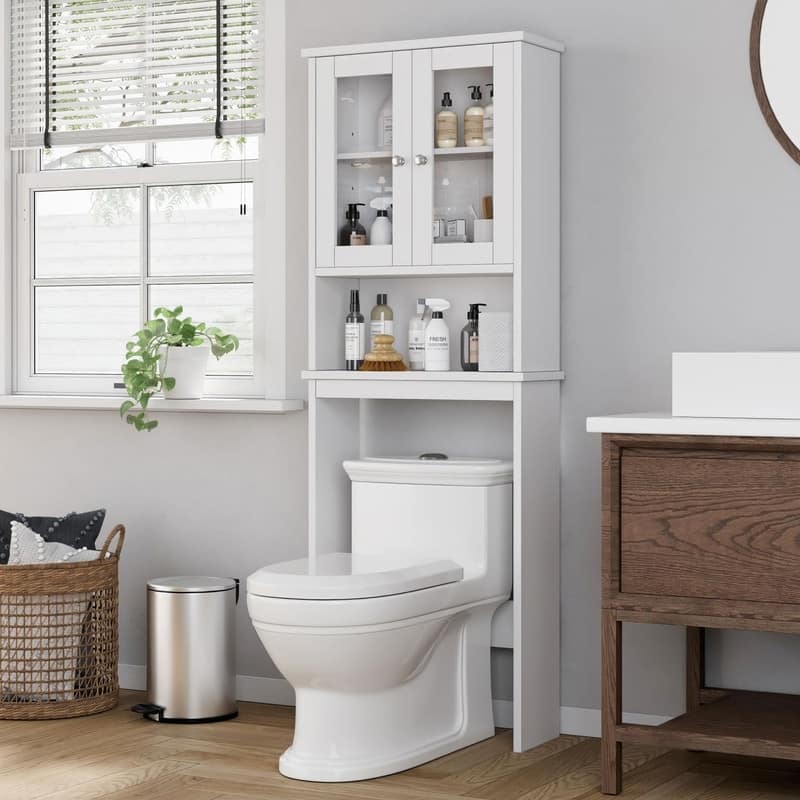 Over The Toilet Storage Cabinet, Glass Door - 8.5"D x 23.6"W x 65.4"H - White-Glass Door