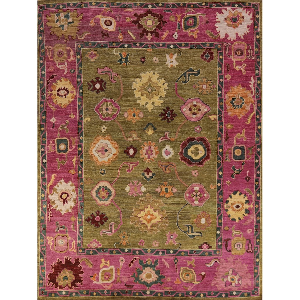 Hand Knotted Oriental 100% Wool Carpet Transitional All-Over Green Oushak Area Rug - 10' 2'' X 8' 3''