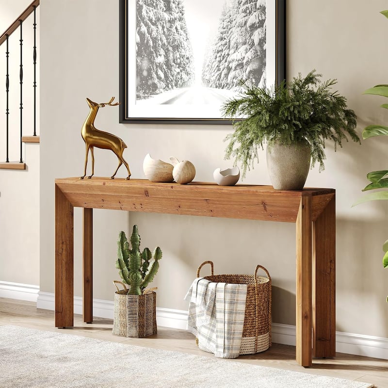 63" Solid Wood Console Table with Integrated Splayed Legs for Living Room, Entryway, Narrow Sofa Table Behind The Couch - Brown