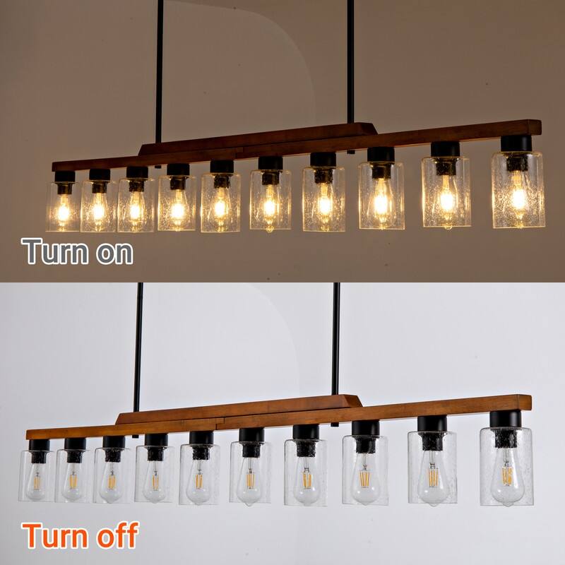Farmhouse Chandelier for Dining Room Kitchen Island Rustic Wood Linear Pendant Light with Seed Glass Shade
