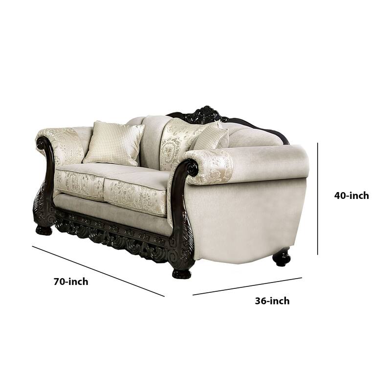 Chenille Fabric Upholstered Loveseat with Arched Back, Beige and Brown