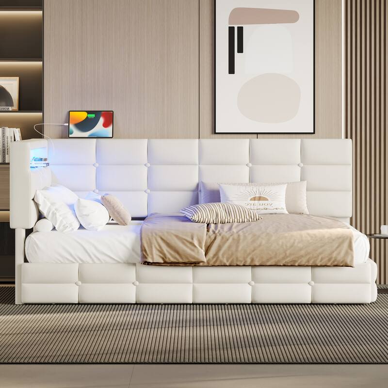 Daybed with 2 Drawers, Upholstered Daybed with Charging Station & LED Lights, Sofa Bed Frame with Storage Headboard