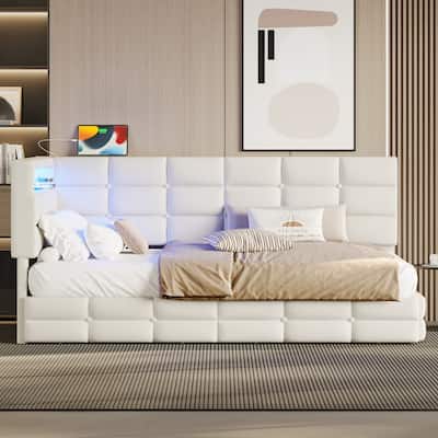 Tufted Upholstered Twin Size LED Daybed with Charging Station, Linen Fabric L Shaped Floor Sofa Bed Frame with 2 Storage Drawers