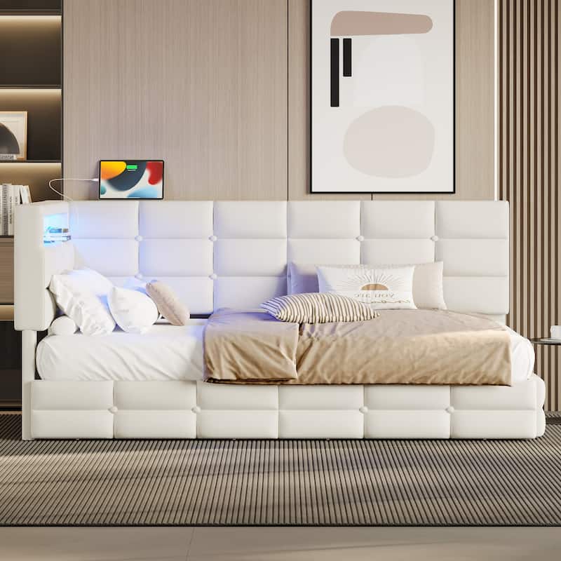Upholstered Twin Size Daybed with Storage 2 Drawers and Charging Station, Day Bed Frame with LED Lights and Storage Head