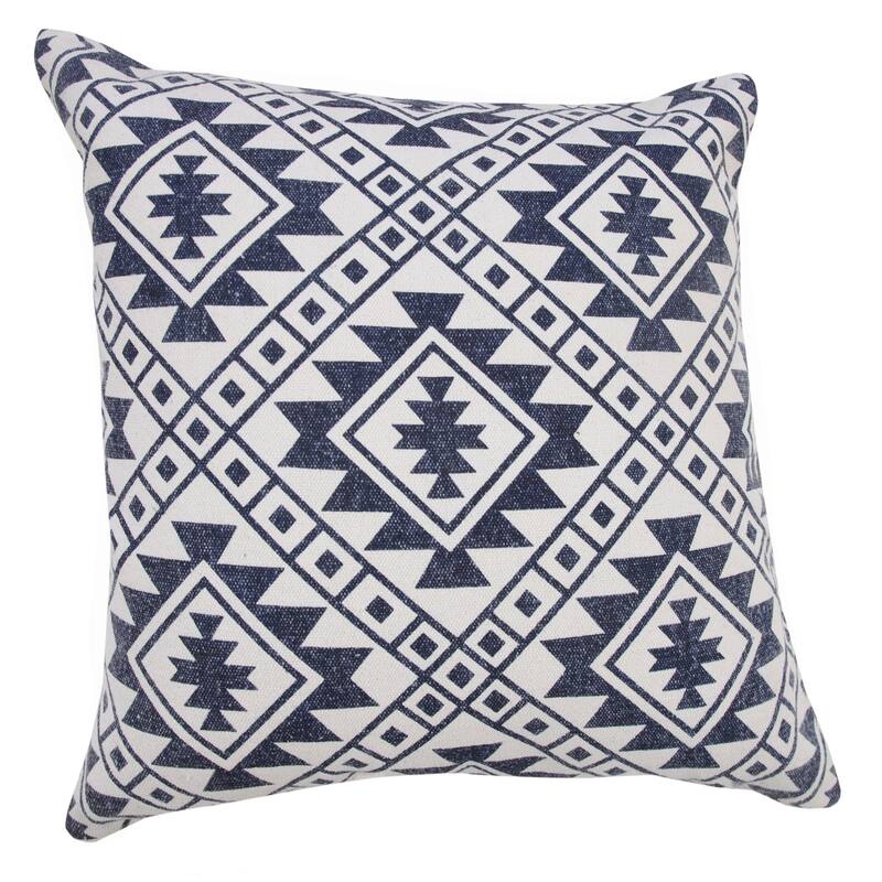20" White and Blue Hand Woven Geometric Square Throw Pillow