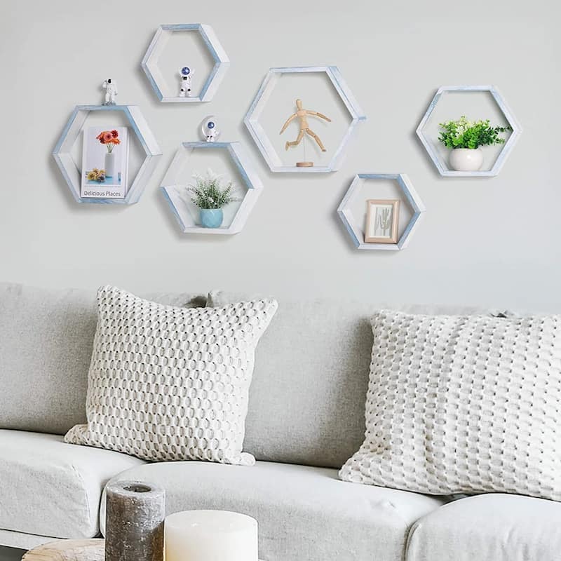 Set of 6 Wooden Hexagon Rustic Floating Shelves in Deep Natural Wood