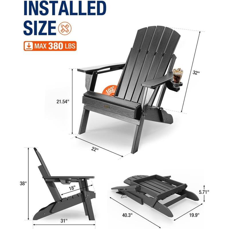 WINSOON All Weather HDPE Outdoor Folding Adirondack Chair With Cup Holder