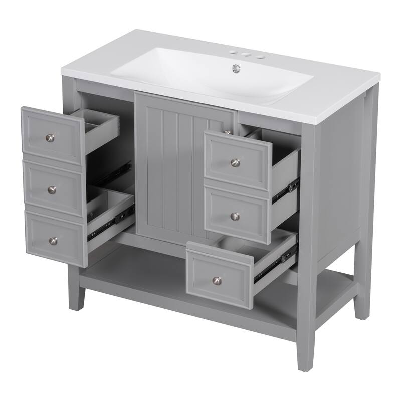 Freestanding 36" Bathroom Vanity Cabinet with Ceramic Sink & Open Storage Shelf