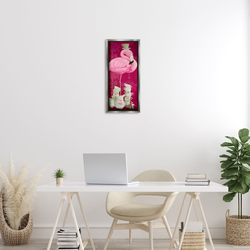 Stupell Flamingo with Antique Teacups Framed Floater Canvas Wall Art Design By Heather Gauthier