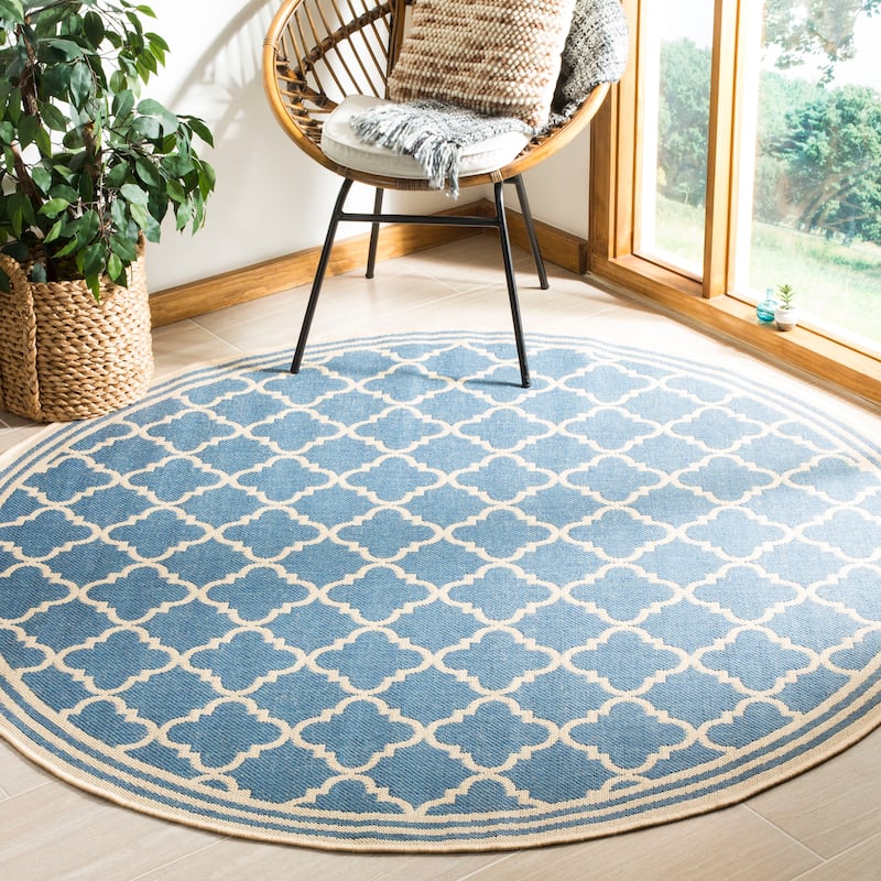 SAFAVIEH Linden Carolynn Indoor/ Outdoor Patio Backyard Rug - 6'7" Round - Blue/Creme