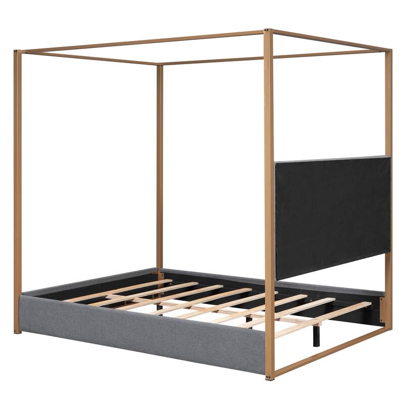 Queen Upholstered Canopy Bed with Foam-Filled Headboard, Metal Frame, and Pine Wood, Grey/Beige