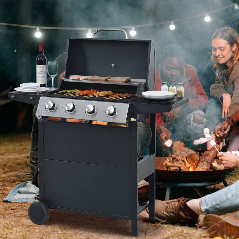 Propane Gas Grill 4 Burner Barbecue Grill, Stainless Steel Grill with 2 Shelves Lid Wheels and Bottle, for Opener Patio Garden
