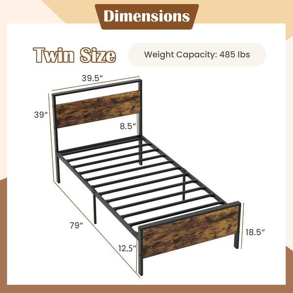 Sturdy Twin Metal Platform Bed Frame with Wooden Headboard