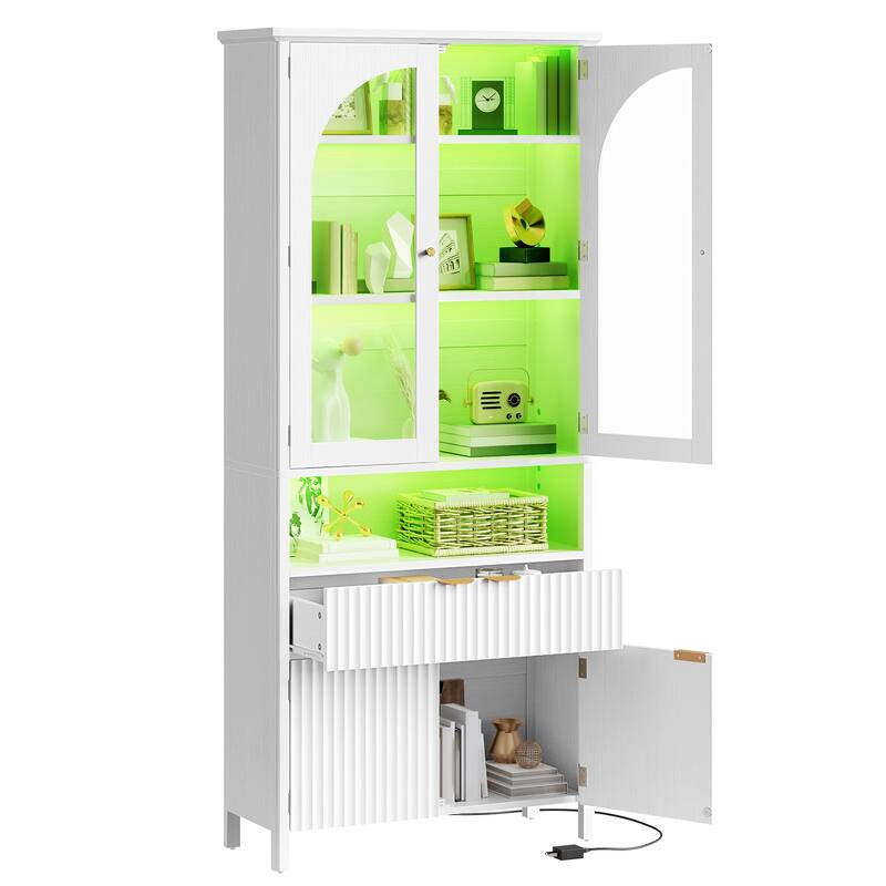 Moasis 72" Modern LED Bookshelf 6-tier Bookcase with Arched Glass Doors and Drawer - White
