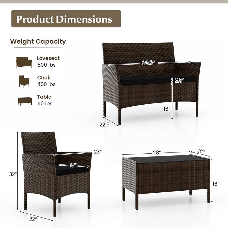 Gymax 4 Piece Patio Rattan Conversation Set Outdoor Wicker Furniture