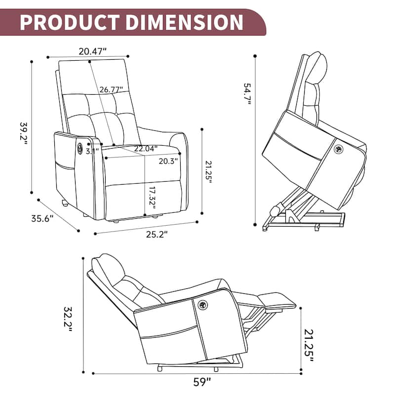 PU Leather Recliner with Single Motor Lift Massage Heat and 155 Degree Recline
