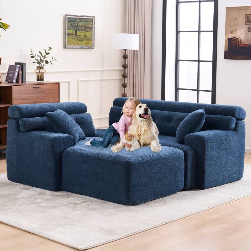Modern Chenille Convertible L-Shaped 4-Seater Modular Sectional Sofa with 2 Pillows for Apartment Living Room