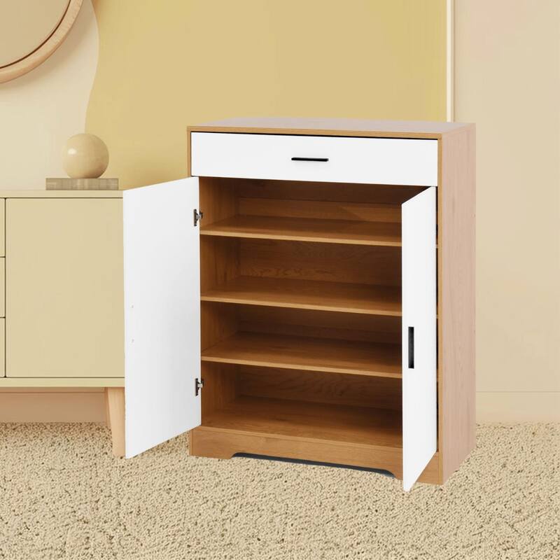 Freestanding 4-Tier Shoe Rack Storage Cabinet with Adjustable Shelves and Spacious Drawer for Entryway, Hallway or Office - Natural