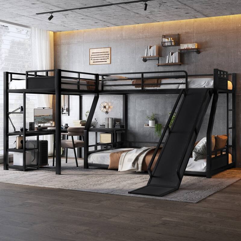 L-Shaped Metal Bunk Bed and Loft Bed with Desk, Storage Shelves and Slide