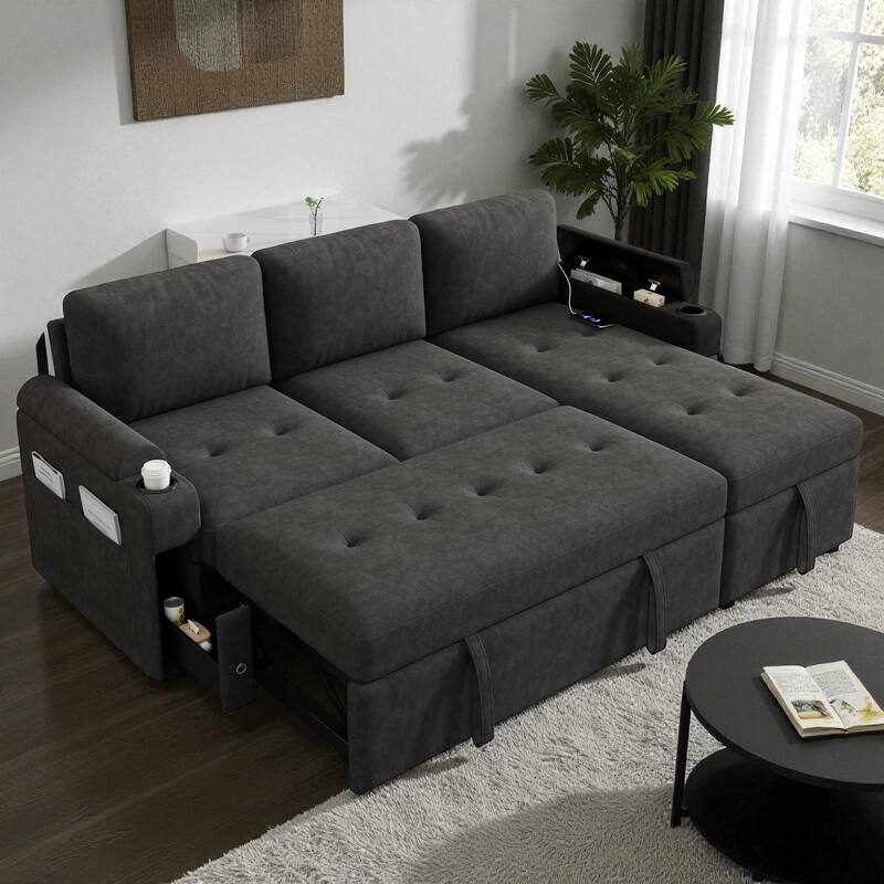 83.5" L-Shaped Convertible Sectional Sofa Bed with Storage Chaise Cup Holders USB Ports Chenille Couch for Living Room