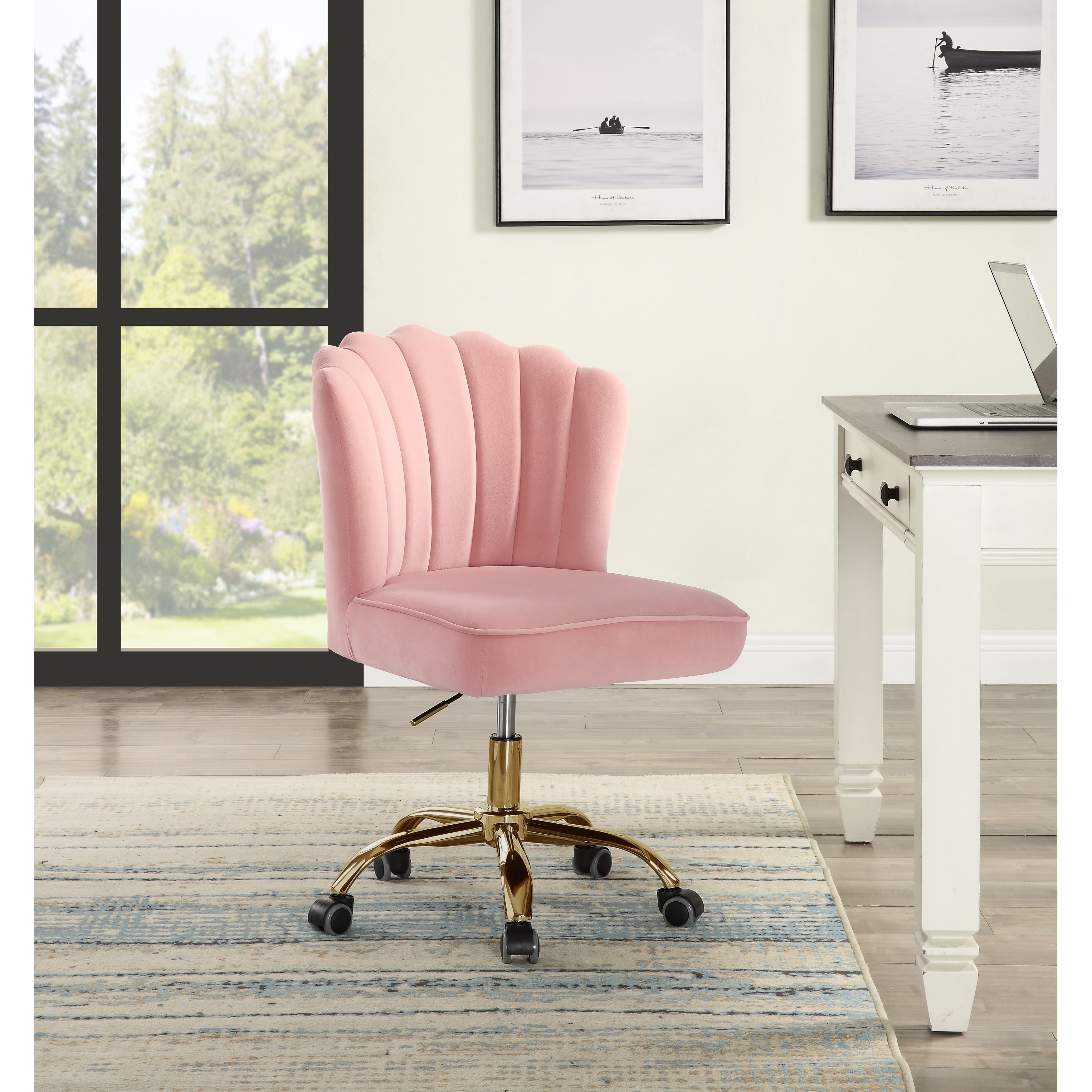 Modern Pink Velvet Office Chair, with Petal-Shaped Backrest, Makeup Chair,  with Gold Finish Five Star Base with Casters - Overstock - 35459016