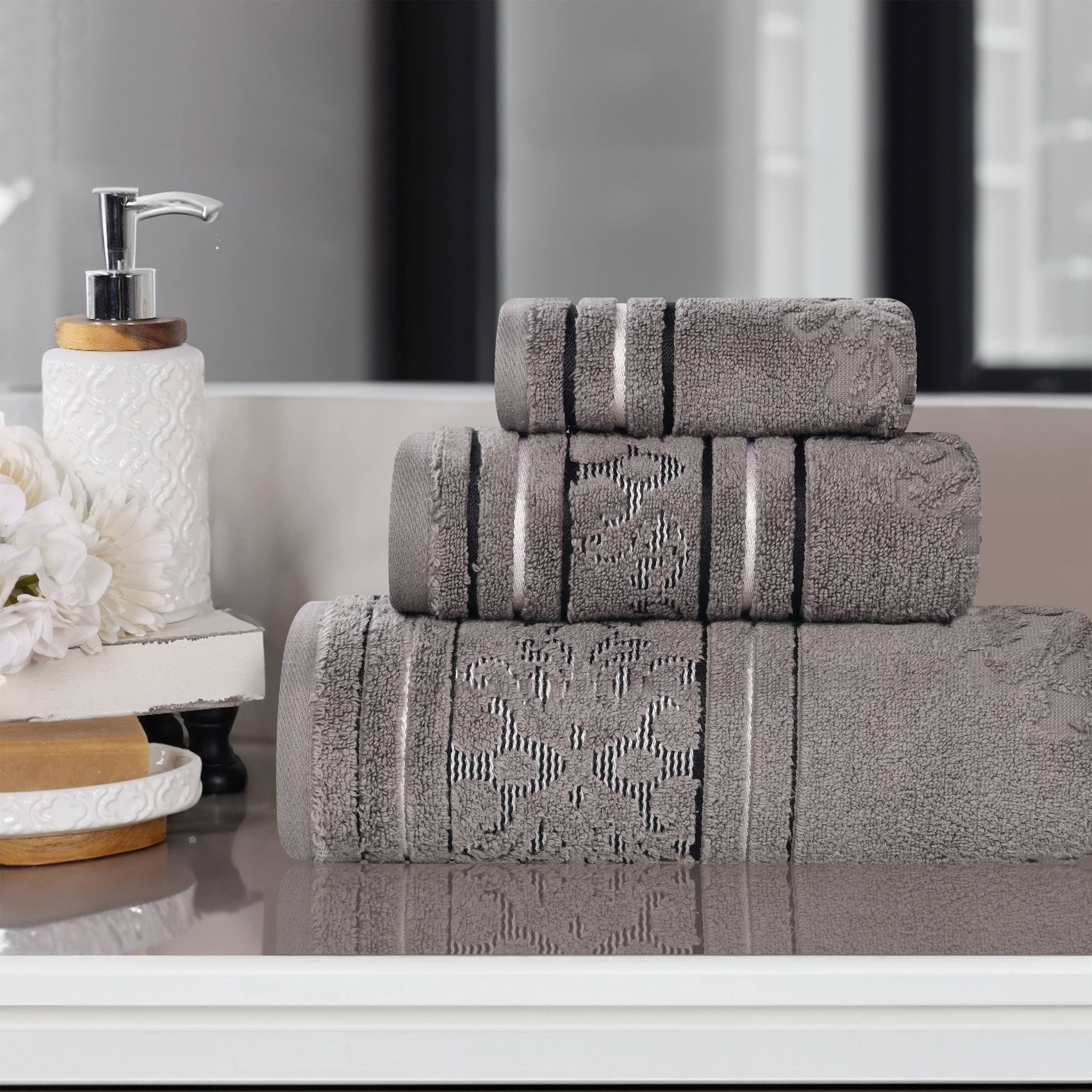 Superior Sadie Zero Twist Cotton Floral Jacquard 3 Piece Towel Set