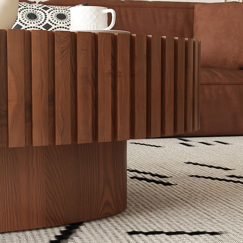 Oval Coffee Table Handcrafted Relief Sturdy Pedestal Wooden Olive-Shaped Tea Table for Living Room