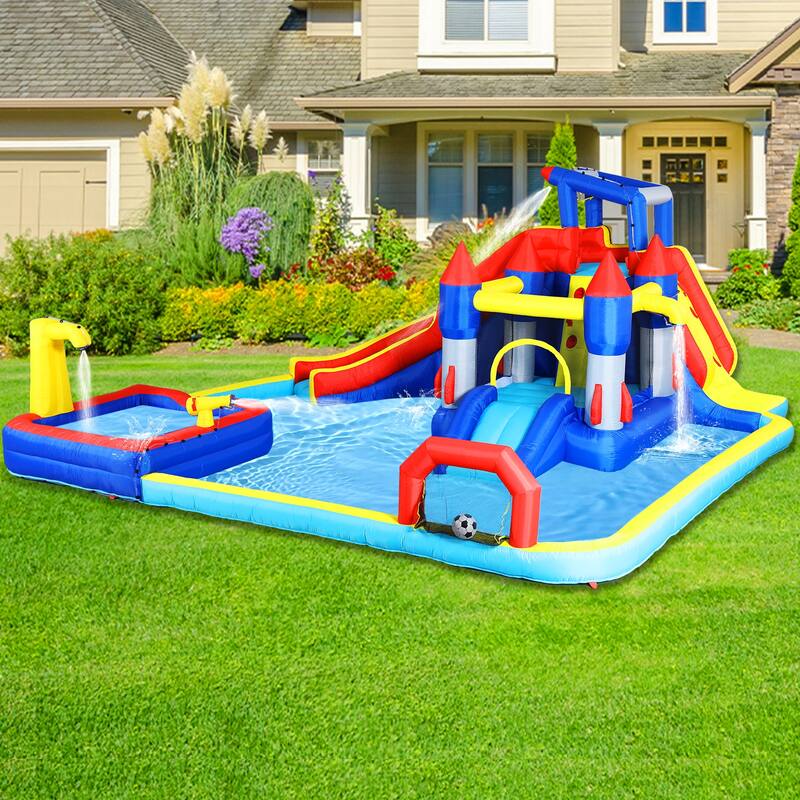 10 in1 Inflatable slide water park bouncing house garden with splash pool & water gun & basketball & climbing wall - Multicolor