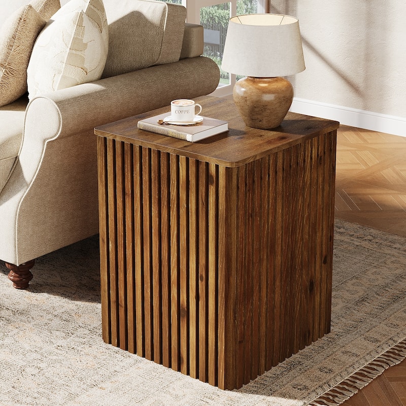 Solid Wood End Table, Fluted Side Table with Storage and Removable Lid - 18.9" D x 18.9" W x 24.21" H - Rustic Brown