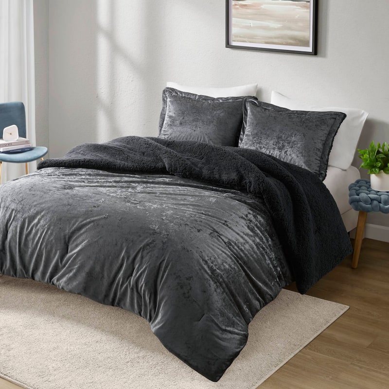2 PCS Twin/Twin XL Crushed Velvet Sherpa Reversible Comforter Set Charcoal