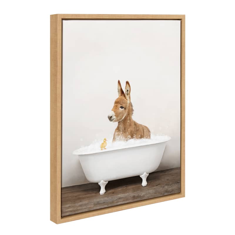 Kate and Laurel Baby Donkey Rustic Bath Framed Canvas by Amy Peterson - Natural