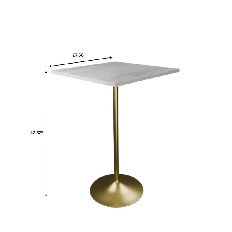 LeisureMod Verve Square Bar Dining Table with White Resin TableTop and Gold Steel Base for Kitchen & Dining Room