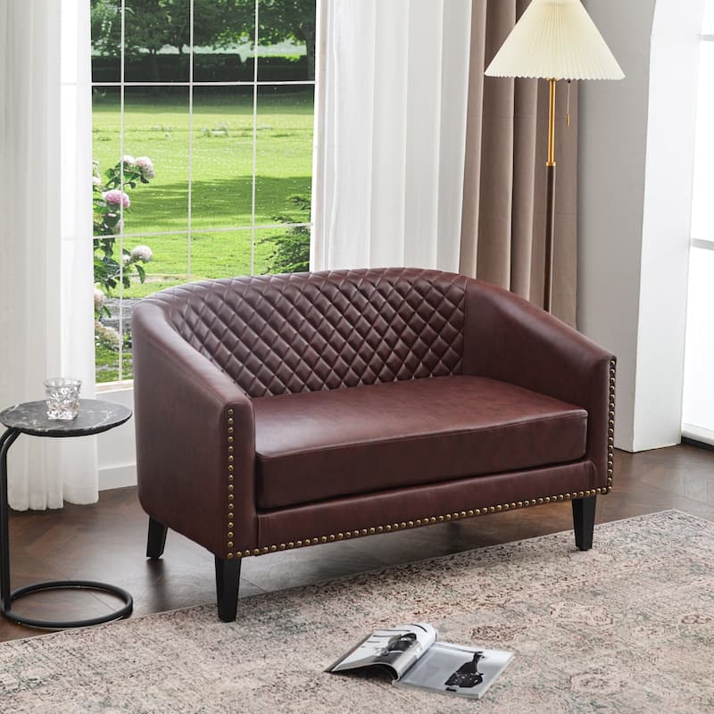 KINWELL 50"W Tufted Faux Leather Upholstered Small Loveseat Sofa