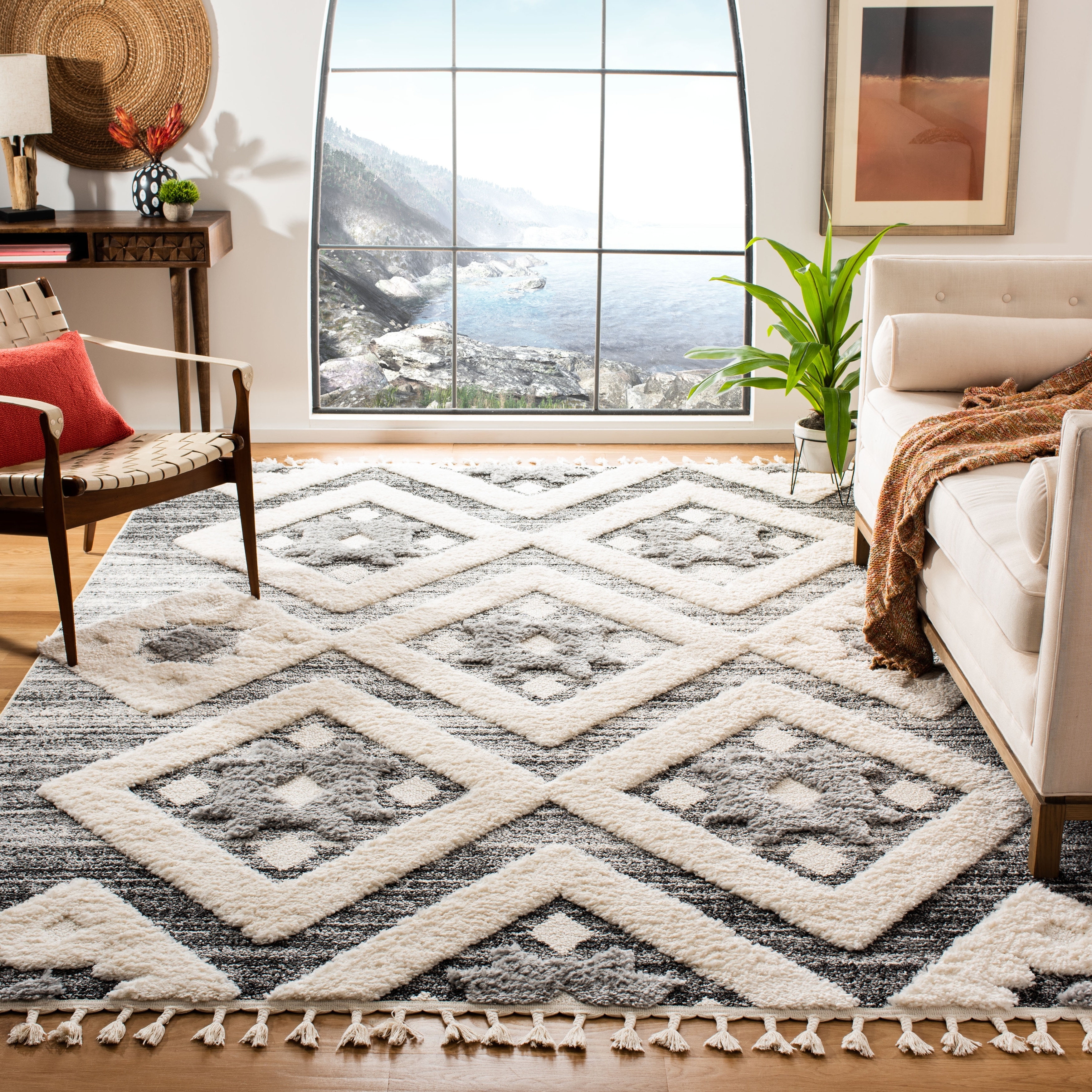 Blue Cream SAFAVIEH Pro Luxe Shag Collection PLX435L Moroccan Boho Tassel Non-Shedding Living Room Bedroom Dining Room Entryway Plush 2.4-inch Thick Area Rug 6'7 x 6'7 Square
