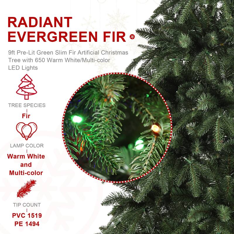 Glitzhome 7.5FT/9FT/11FT/15FT Pre-Lit Green Slim Fir Artificial Christmas Tree with Remote Control