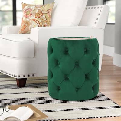 Adeco Round Storage Velvet Ottoman Removable Wooden Lid Coffee Table