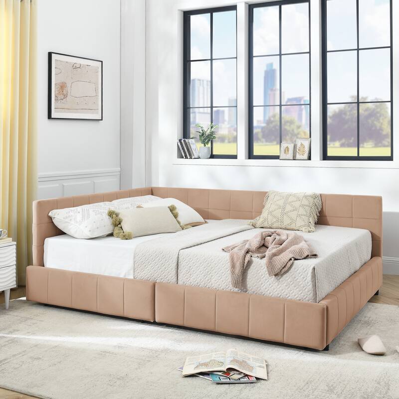 Queen Size Tufted Upholstered Daybed with 2 Drawers, Velvet Fabric Queen Sofa Bed Frame with L Shaped Backrest and Armrests