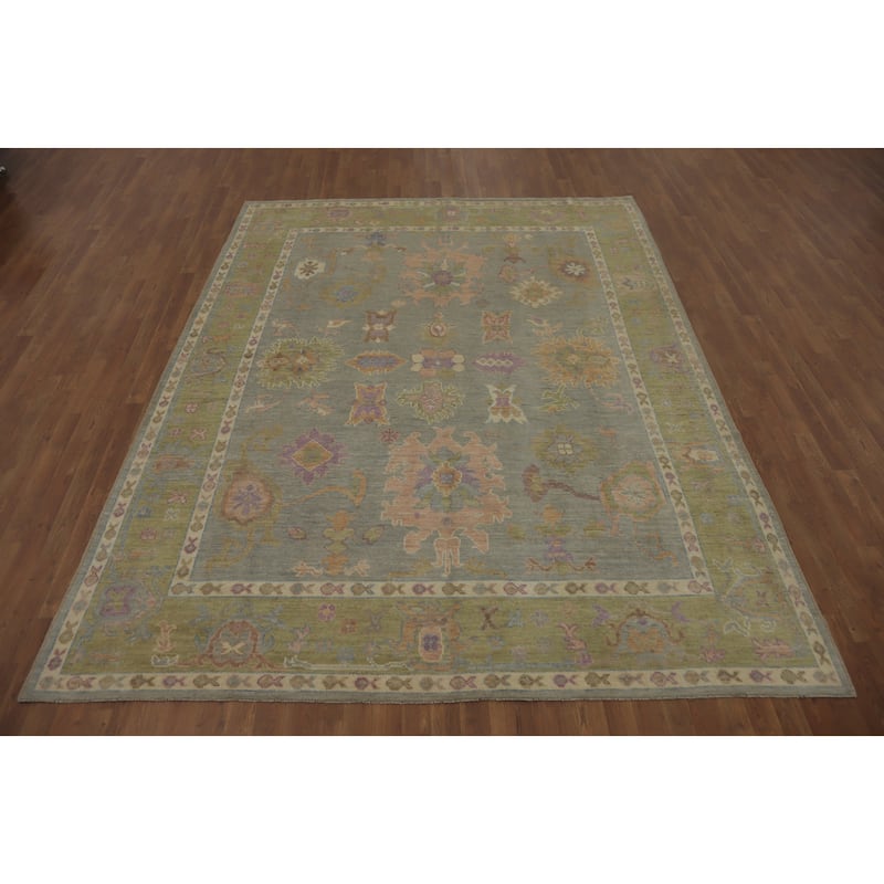Handmade Gray Oushak Vegetable Dye Area Rug, Floral Geometric Carpet - 10' 0'' X 8' 0''