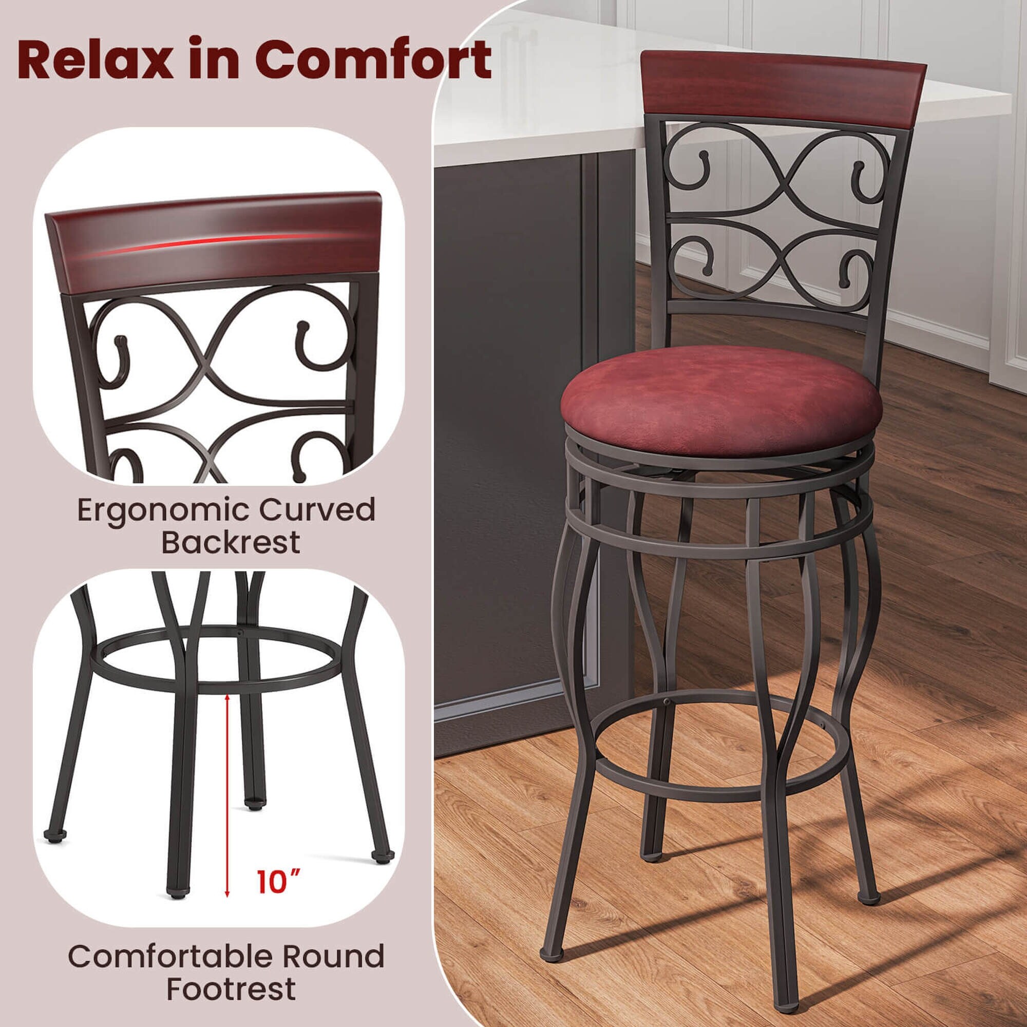 Costway Set of 2 Vintage Bar Stools Swivel Padded Seat 30'' Bistro