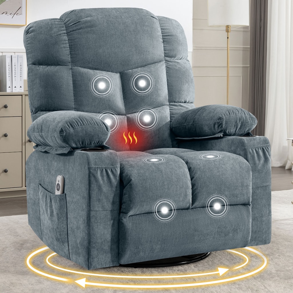 Manual Massage Recliner Chair, Overstuffed Rocker Chairs with Heat and 2 Cup Holders & USB Charge Port, for Living Room
