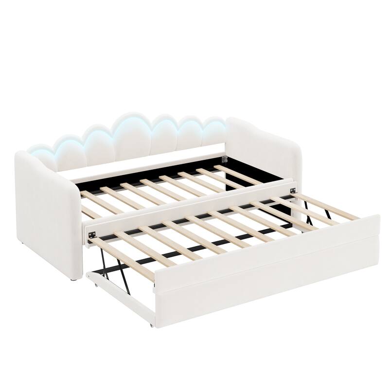 Twin XL Velvet Upholstered Daybed with Pull-Out Trundle and Wave Backrest LED Light