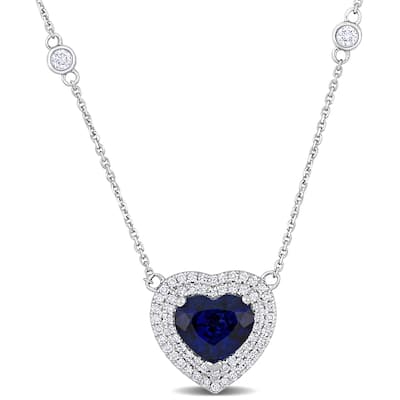 Miadora 3ct TGW Blue Sapphire 3/8ct TDW Diamond Heart Halo Necklace in 14k White Gold