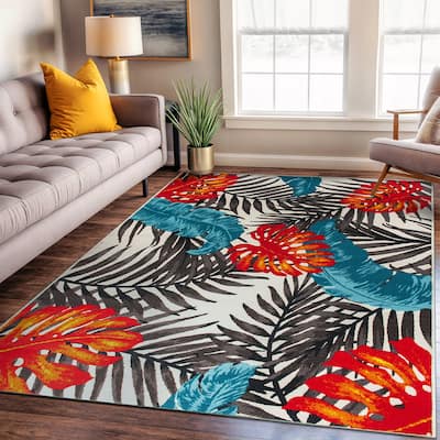 Contemporary Tropical Floral Leaves Non Slip Area Rug