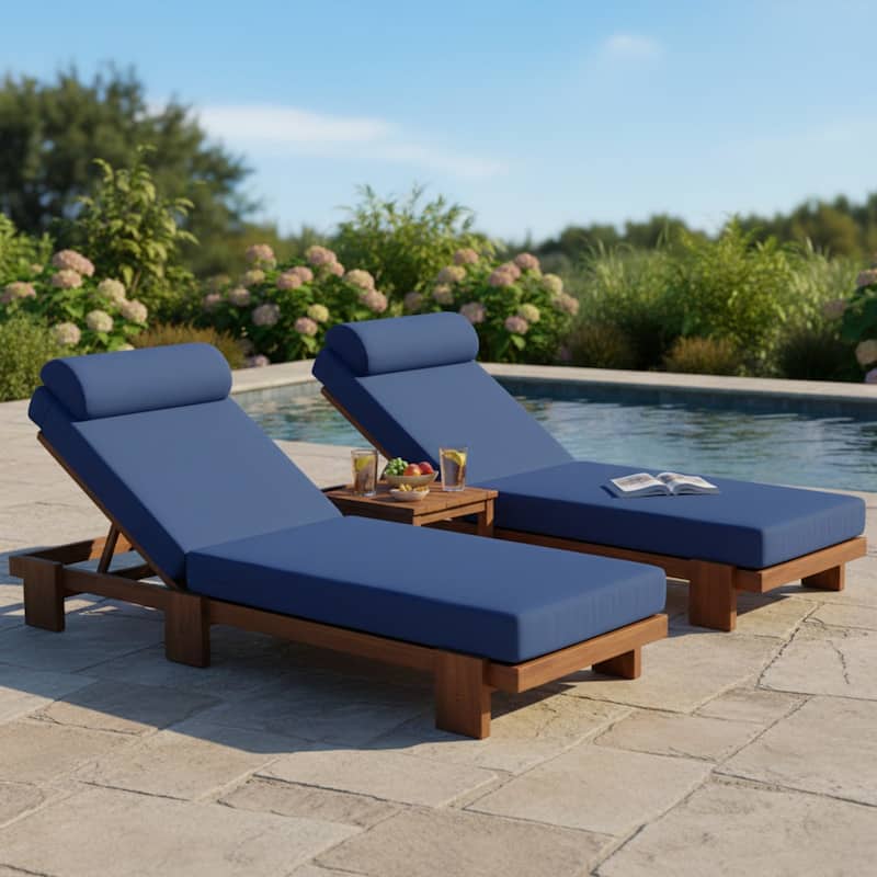 78.8'' Acacia Wood Outdoor Chaise Lounge Adjustable Recliner with Headrest & Retractable Side Tray - N/A - 2 Piece Navy Blue