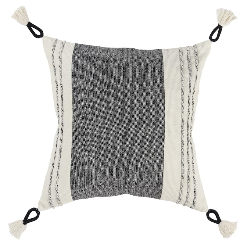 Rizzy Home Woven Striped Square Throw Pillow with Tassels - Down - Black/White