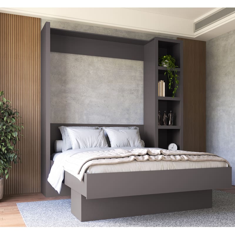 Easy-Lift Queen Murphy Wall Bed with Bookshelf - Ash